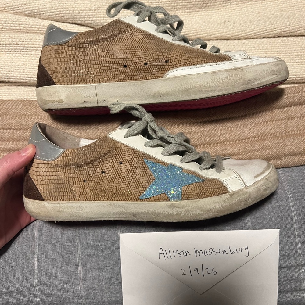 Golden Goose Brown and White Sneakers with Blue Star